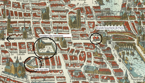 Plan de Paris de Mérian 1626 _le Châtelet et les halles