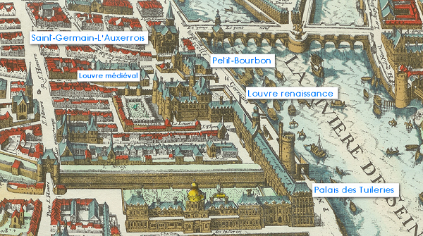 Plan de Paris de Mérian 1626 le Louvre et le Petit-bourbon